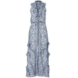 Saloni Lizzie Silk Maxi Dress Blue Ruffle Floral Sleeveless V Neck Tie Waist XS